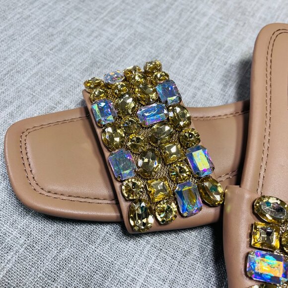 Steve Madden Brionna Rhinestone Slip on Flat Sandals Gold and Tan Women Size 9 - Picture 9 of 10